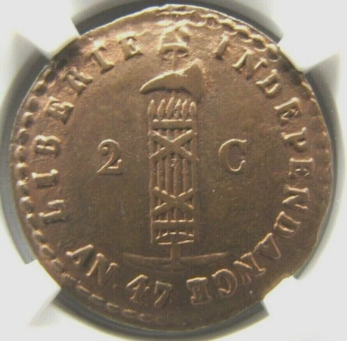 Haiti 2 Cent. KM35 AN 47/1850 star above denomination, NGC AU details.  Rare !