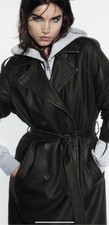 Bnwt Zara Black Distressed Leather Effect Trench Coat Size S, Uk8-10