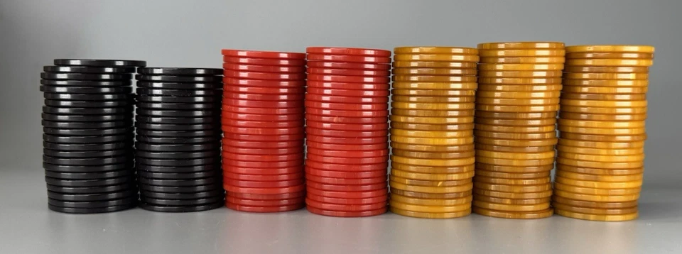 Vtg CATALIN BAKELITE Dot Injected Poker Chips (169 Total) Black Red Butterscotch - Image 3 of 4