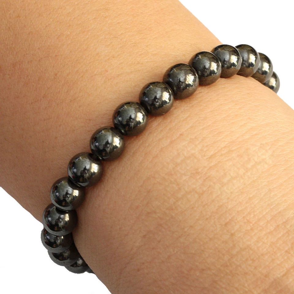 CHAKRA HEMATITE Black Magnetic Round Bead Hematite Bracelet Pain Relief Therapy Arthritis