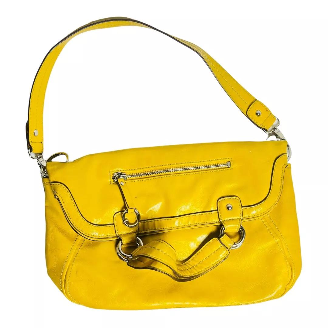 Nine West Mustard Yellow Faux Leather Fold over Animal Print Purse Shoulder Bag