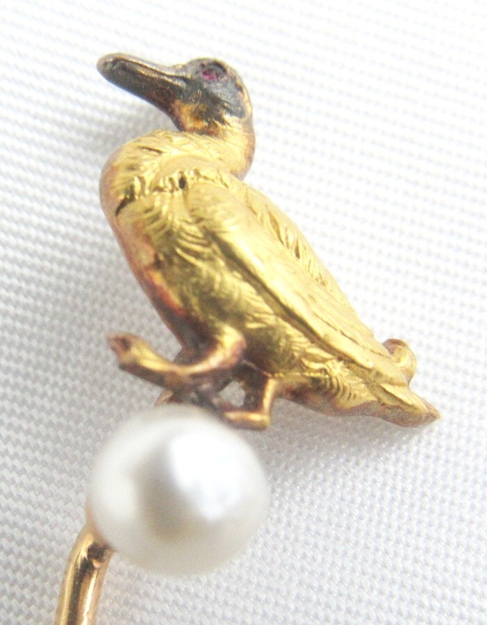 Vintage 24K Gold Duck Goose with Pearl Egg Stick Pin