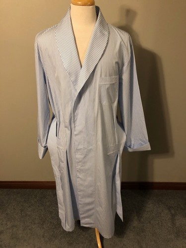Men's Ben Silver Sky and White Bengal Stripe Cotton Robe-L Large-Made in Canada - Picture 6 of 14