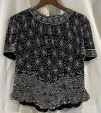 Papell Boutique Evening Short Sleeved Silk Blouse Beaded Size Large