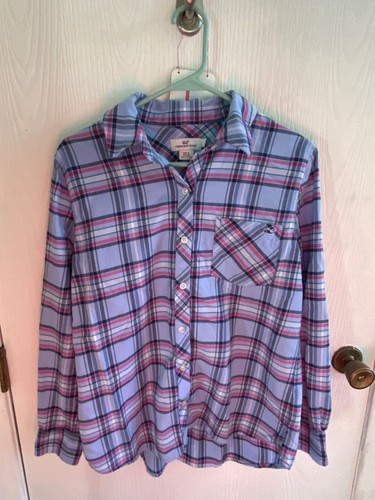 VINYARD VINES WOMEN’S FLANNEL BUTTON UP TOP SZ 8 OR MEDIUM BLUE/PINK GREAT COND!