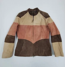 Vtg 90s Y2K Metro Style Brown Colorblock Suede Leather Zip Front Jacket