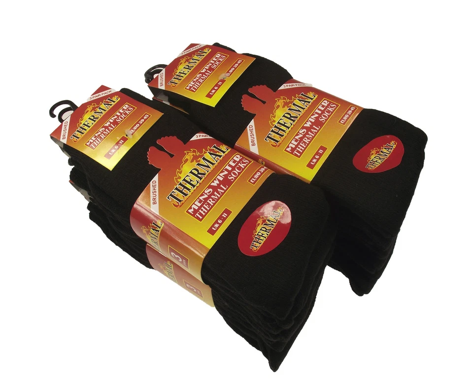 RZK Ultimate 6 Pairs Mens Black Thermal Socks, Thick Warm Work Boot Socks Size 6-11