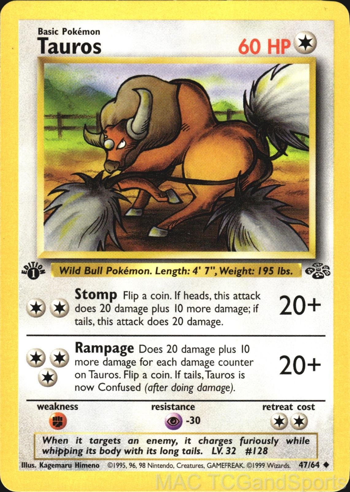 Tauros 47/64 1st Edition Jungle Pokemon TCG LP