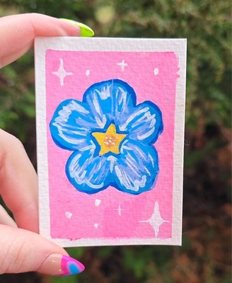 Original aceo memorial, cute, sparkle, whimsy, forget me not, flower 2 of 9