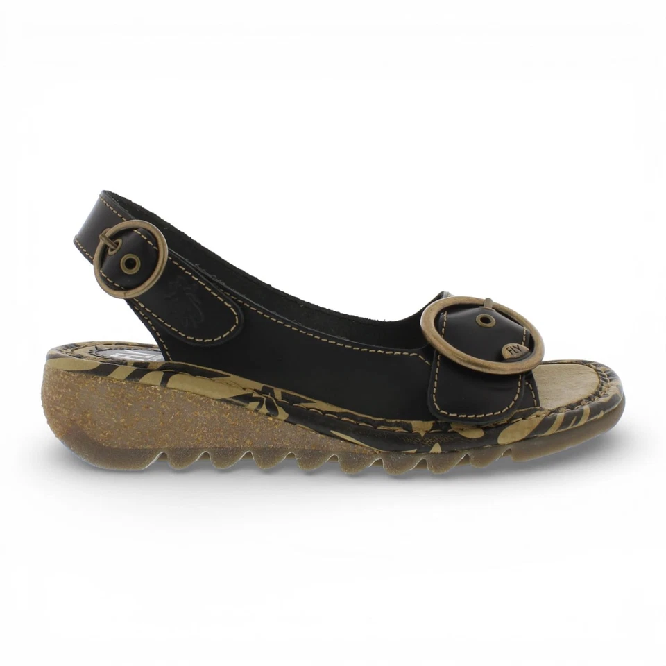 Fly London Femmes TRAM723FLY Sandales À Talons Wedge Casual Noires En Cuir - Photo 1/4