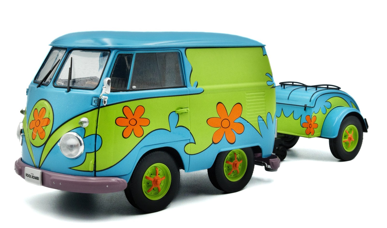 Combi VW Solido avec remorque Flower Power 2024 miniature 1/18 en métal bleu et vert