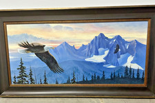 Oil On Canvas 2 Bald Eagles And Mountains
