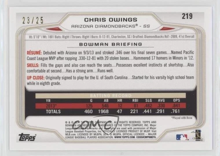2014 Bowman Red Ice /25 Chris Owings #219 Rookie RC - Image 2 of 2