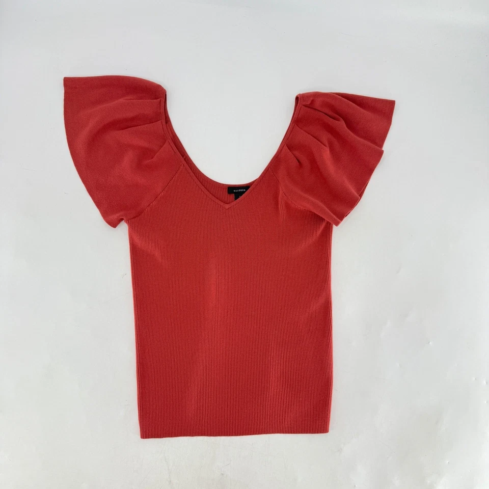 Halogen Flutter Sleeve Ribbed Knit Top Rust Orange V-Neck Blouse Sz L Fallcore - Image 4 of 4