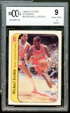 1986-87 Fleer Stickers #8 Michael Jordan Rookie Card BGS BCCG 9 Near Mint+. rookie card picture