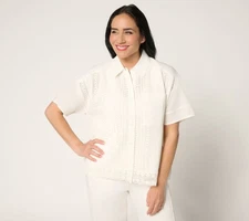 LOGO Lavish by Lori Goldstein Women's Top Sz M 100% Cotton Mixed White A692539