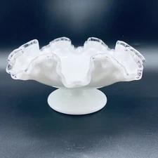 Fenton Milk Glass Bowl Pedestal Silver Crest Ruffled Edge
