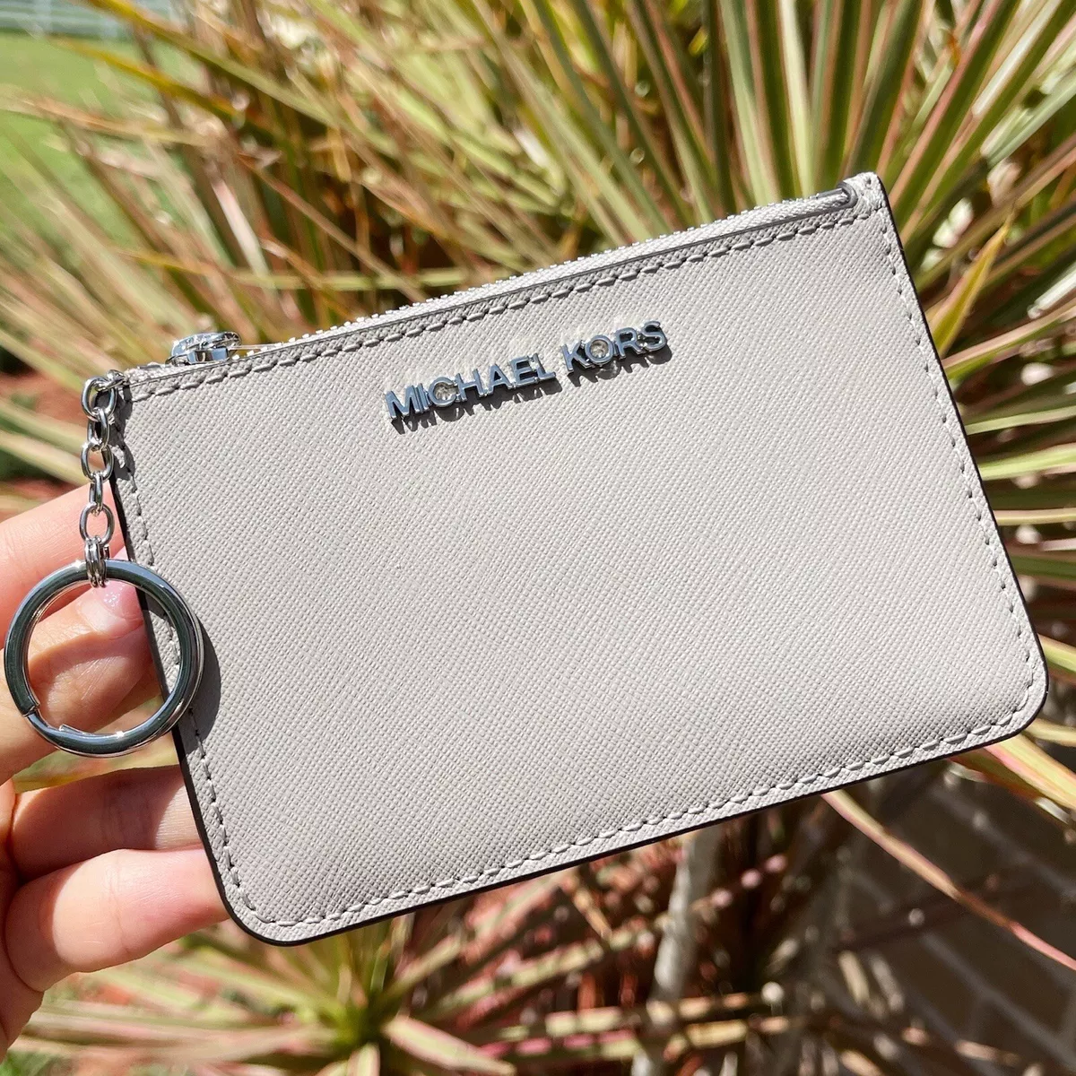 Michael Kors Jet Set Top Zip Coin Wallet Card Holder Key Ring Pearl Grey  Leather