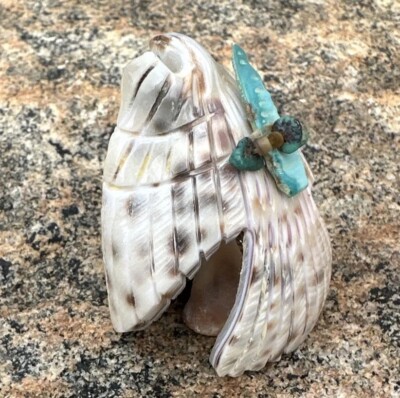 ZUNI FETISH COWRIE SHELL EAGLE WITH TURQUOISE BUNDLE BY BRYSTON BOWANNIE