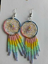 Multicolored Handmade Dream Catcher Earrings Seed Bead Dangle Approx 3-3.5"