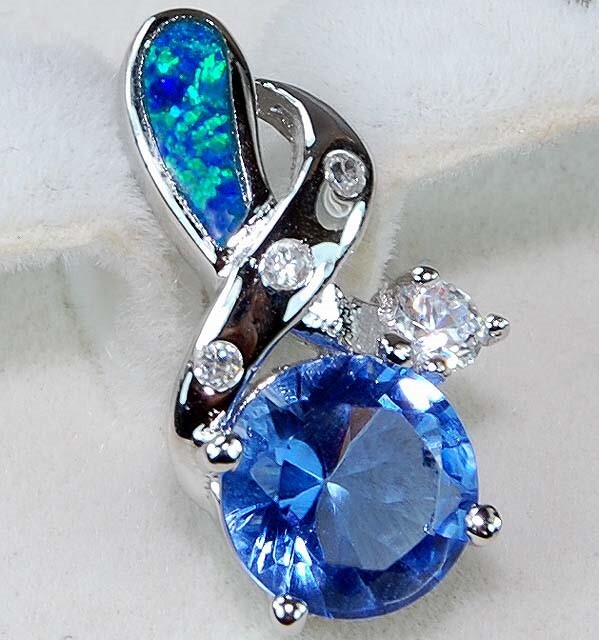 Treated Blue Sapphire & Australian Opal Inlay 925 Sterling Silver Pendant EO1