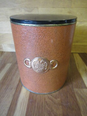 Vintage braune Kunstlederdose mit goldenem Metall Doppeladlerkopf Wappen Emblem