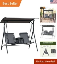 Weather-Resistant 2-Seat Patio Swing with Adjustable Sunshade & Drink Holders