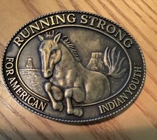 1996 VINTAGE Brass Running Strong American Indian Youth Billy Mills Belt Buckle