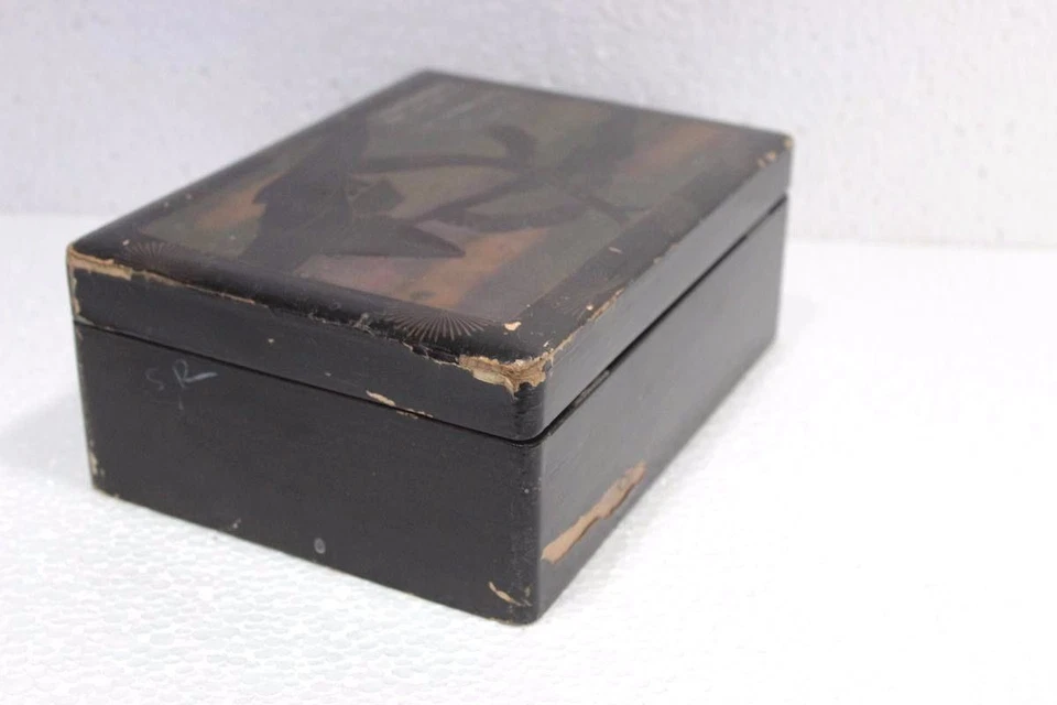 Caja negra de madera antigua rara antigua vintage decoración del hogar coleccionable Foto 3 de 4