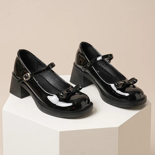 Womens Leather Bowtie Round Toe Buckle Strap Block Heel Fashion Mary Jane Shoes - Picture 15 of 30