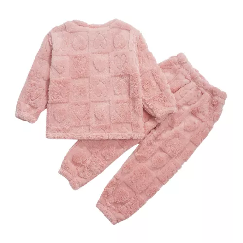 Kids Boys Girls Pajamas Set Solid Color Tops With Pants Round Neck Flannel Suit - Foto 11 di 72