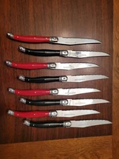 LOT OF 8 VINTAGE FABERWARE LAGUIOLE STYLE STEAK KNIVES CHARTREUSE Red And Black 