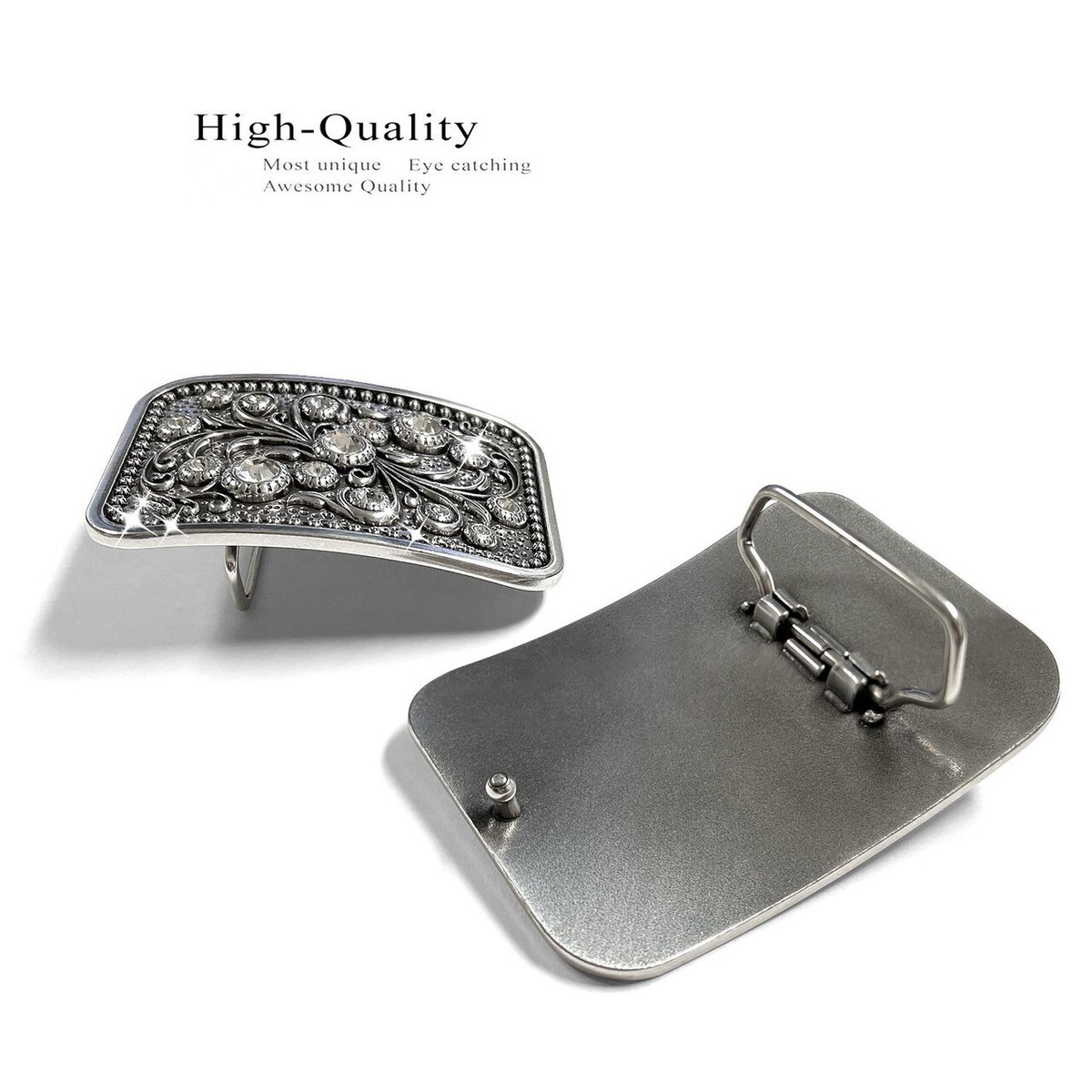Rhinestone Crystal Floral Engraved Oval Western Belt Buckle, Antique Finish 1 1/2 main image 4