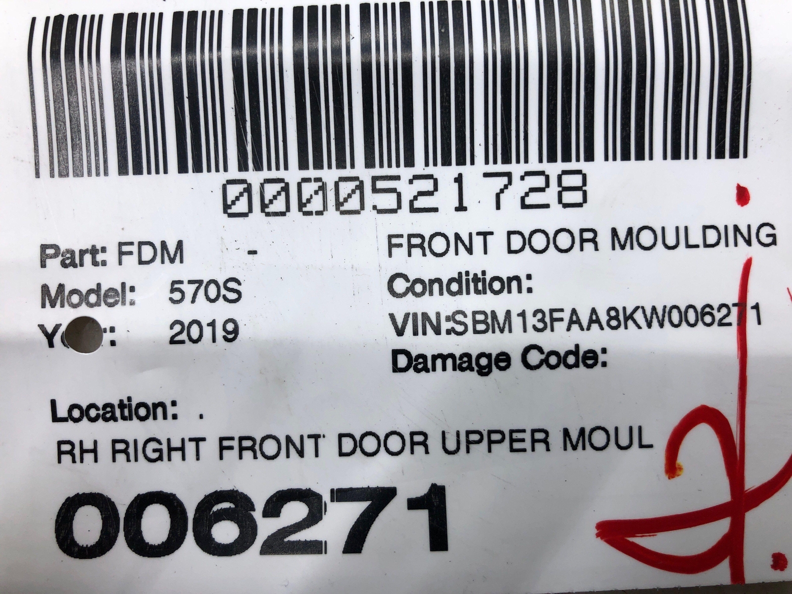2015-2021 MCLAREN 570S RIGHT FRONT DOOR UPPER MOULDING STRIP *FIRE/PAINT DAMAGE*