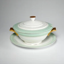 Limoges France Mint Green Gold Mid Century Deco Covered Tureen Bowl Chop Plate