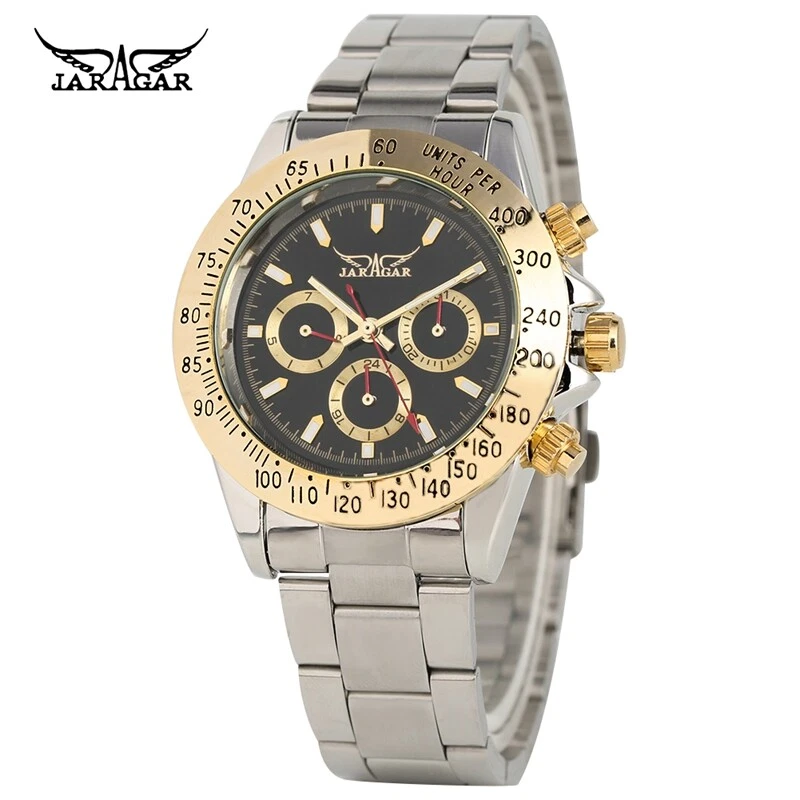 Jaragar 豪华男士手表黄金日期日历机械手表不锈钢 — 第 4/4 张图片