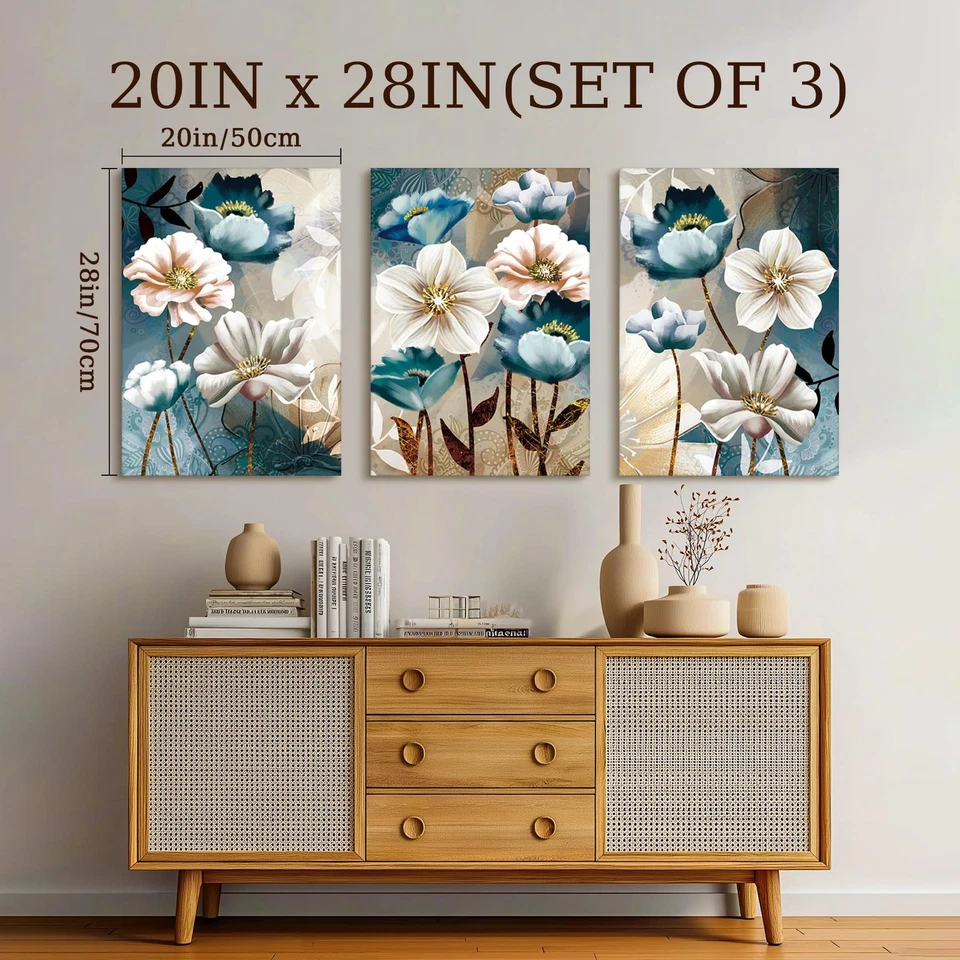 Arte de parede de lona grande para sala de estar, fotos florais azuis decoração de parede para di... - Imagem 4 de 4