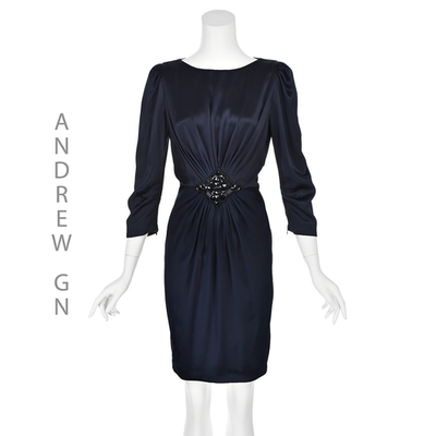 ANDREW GN Midnight Blue Silk Cocktail Dress w/Black Beaded Emblem at Waist  US10 | eBay