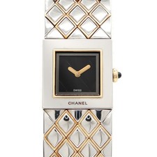 CHANEL Matelasse H0475 30m Black YGP Yellow Gold Stainless Steel Women Quartz