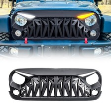 Matte Black Front Shark Grille Wled Lights For 2007-2018 Jeep Wrangler Jk Jku