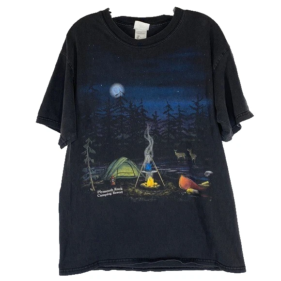 Vintage Artisan Plymouth Rock Camping Resort Black Graphic Tent Tshirt Large