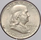 1958 D Franklin Half Dollar, 90% Silver - 0.3617 Troy Ounces, F-5815