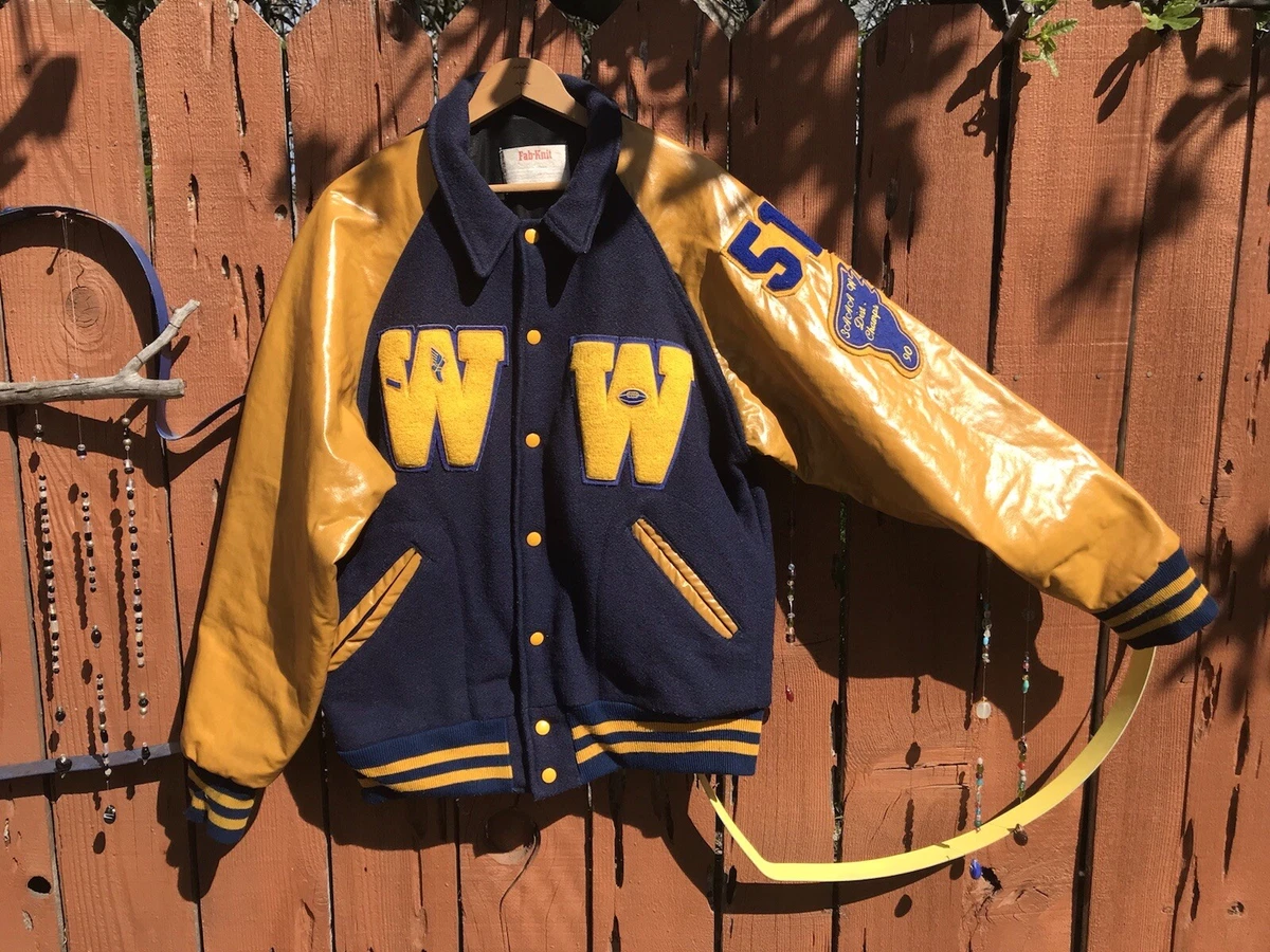 Vintage Wool/Naugahyde Blue/Yello Letterman Jacket Patches Letters Mns Lrg  GOOD!