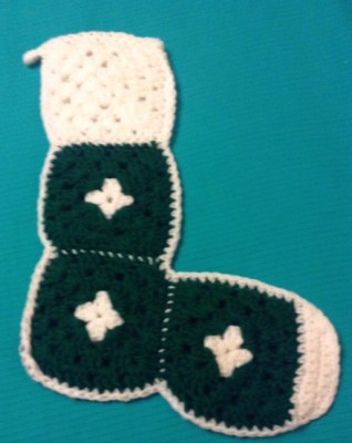 Granny Square Handmade Crocheted CHRISTMAS STOCKING Green & White