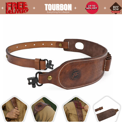 Tourbon Leather Rifle Sling Ammo Carry Strap 2 Point Thumb Rest+Pair Swivels Set