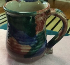 Studio Art Pottery Rowe Coffee Tea Mug Cup Stamped Signed Blue Green Rose Glaze