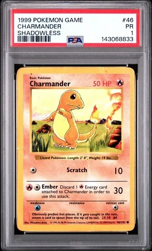 PSA 1 Shadowless Charmander #46/102 Base Set Pokemon 1999 WoTC PR