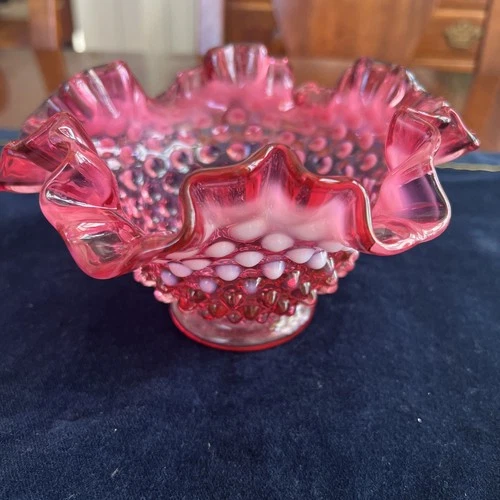Vintage Fenton Cranberry Opalescent Hobnail  Ruffled Edge Bowl 6 1/2” EUC