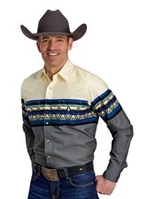 Roper Western Shirt Mens L/S Border Snap Blue 03-001-0431-0108 BU