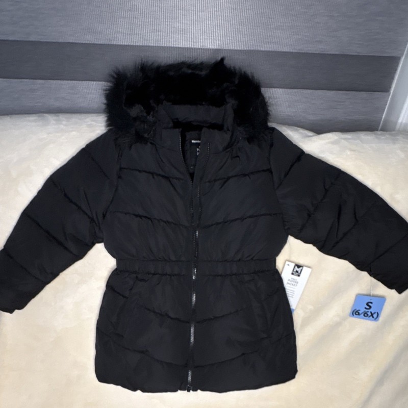 Member's Mark Girls Puffer Jacket Black S (6/6X) Hooded Fur Trim